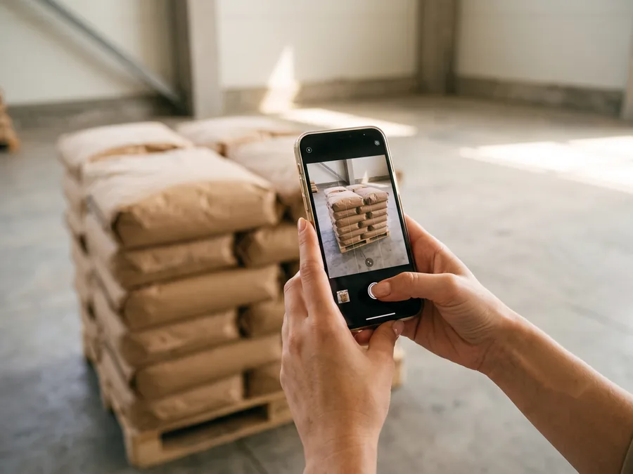 Hands photographing a pallet of sealed kraft paper sacks with a phone - the lot record being made.