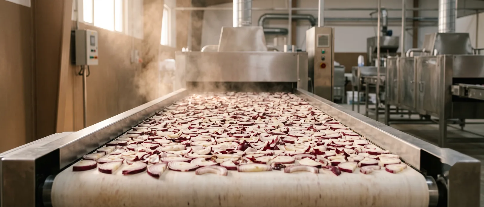 Red onion slices spread on a stainless steel belt dryer, pale flesh with burgundy skin edges, steam rising.