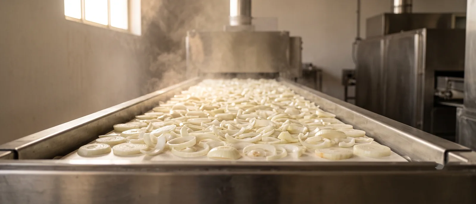 Creamy white onion slices spread in a single layer on a stainless steel belt dryer, steam rising in warm daylight.