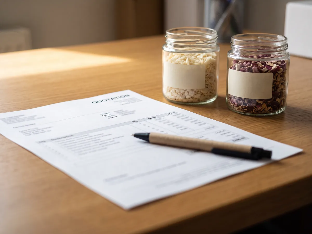 A quotation sheet with a pen on a wooden desk, two sample jars of dehydrated onion behind it.