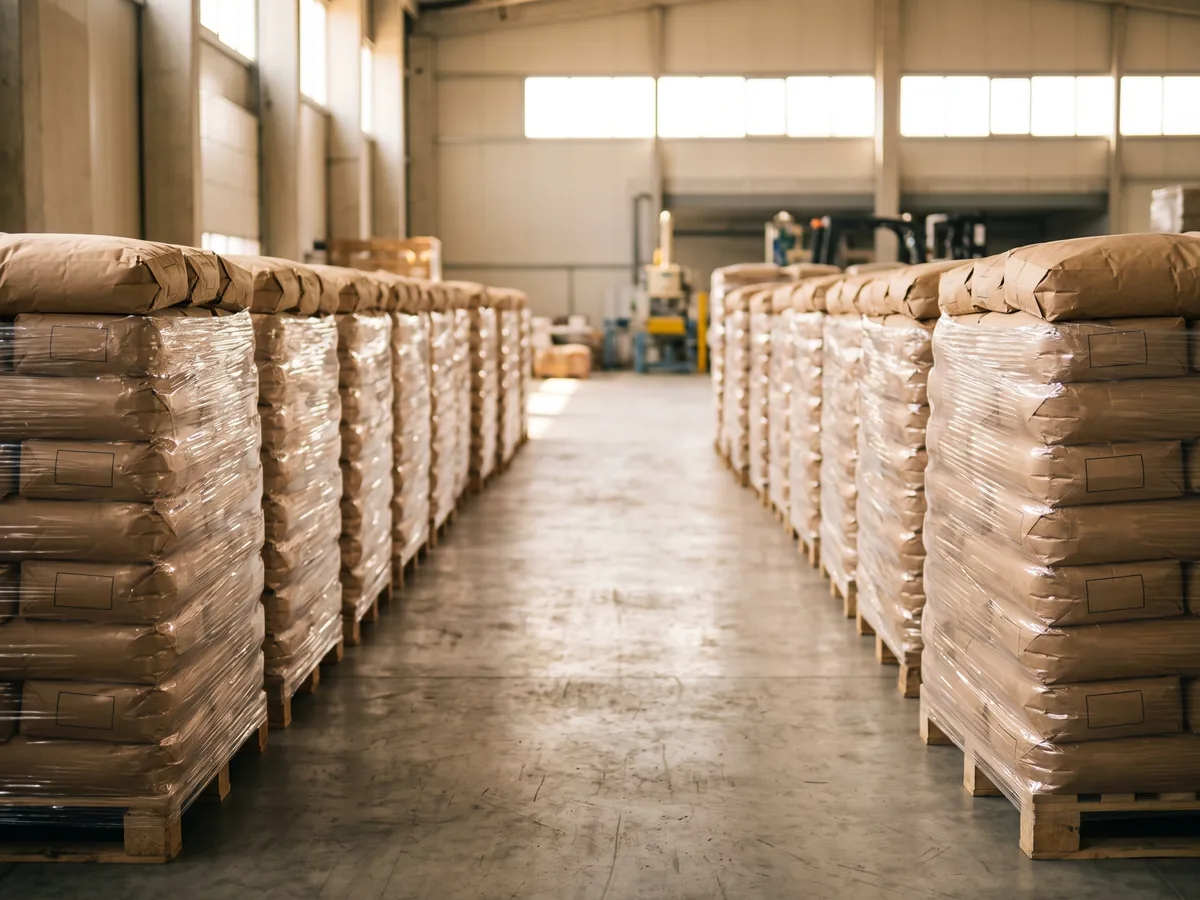 A clean warehouse aisle with palletised, stretch-wrapped sacks on both sides.