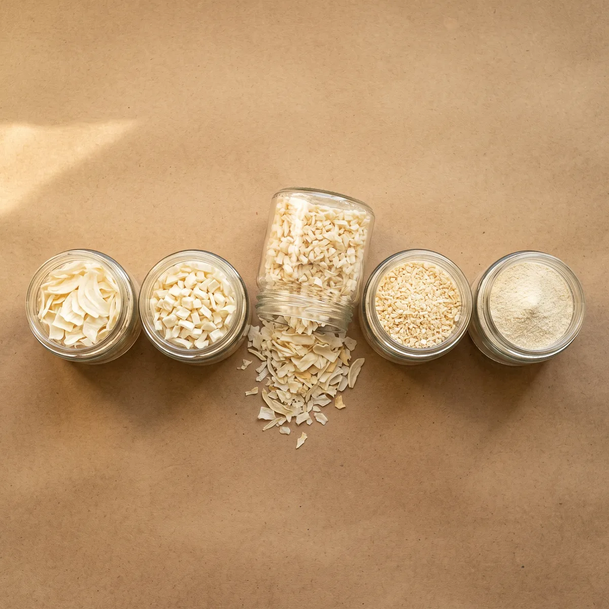 Five glass jars of dehydrated white onion cuts in a row on kraft paper, the middle jar tipped open with flakes spilling out.