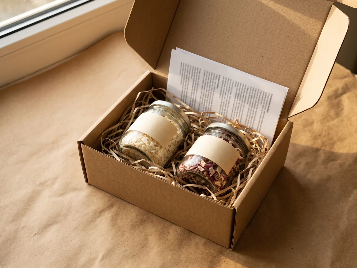 An open courier box holding two labelled sample jars of dehydrated onion and a folded specification sheet.