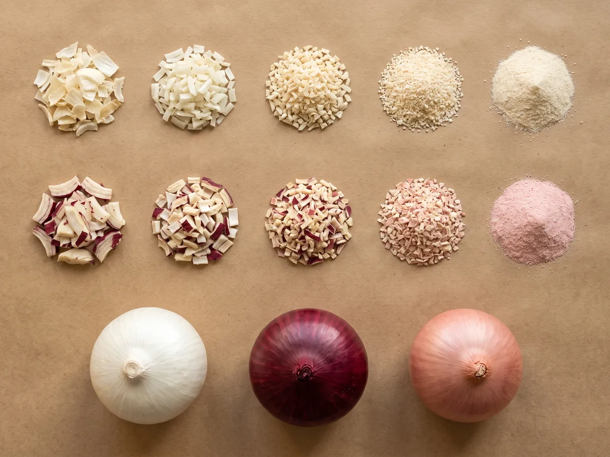 All thirteen products in one frame: five white and five red dehydrated onion cuts with three whole fresh onions in white, red and pink.