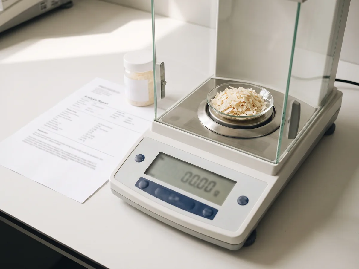 An analytical balance weighing a dish of dehydrated onion flakes beside a printed analysis report.