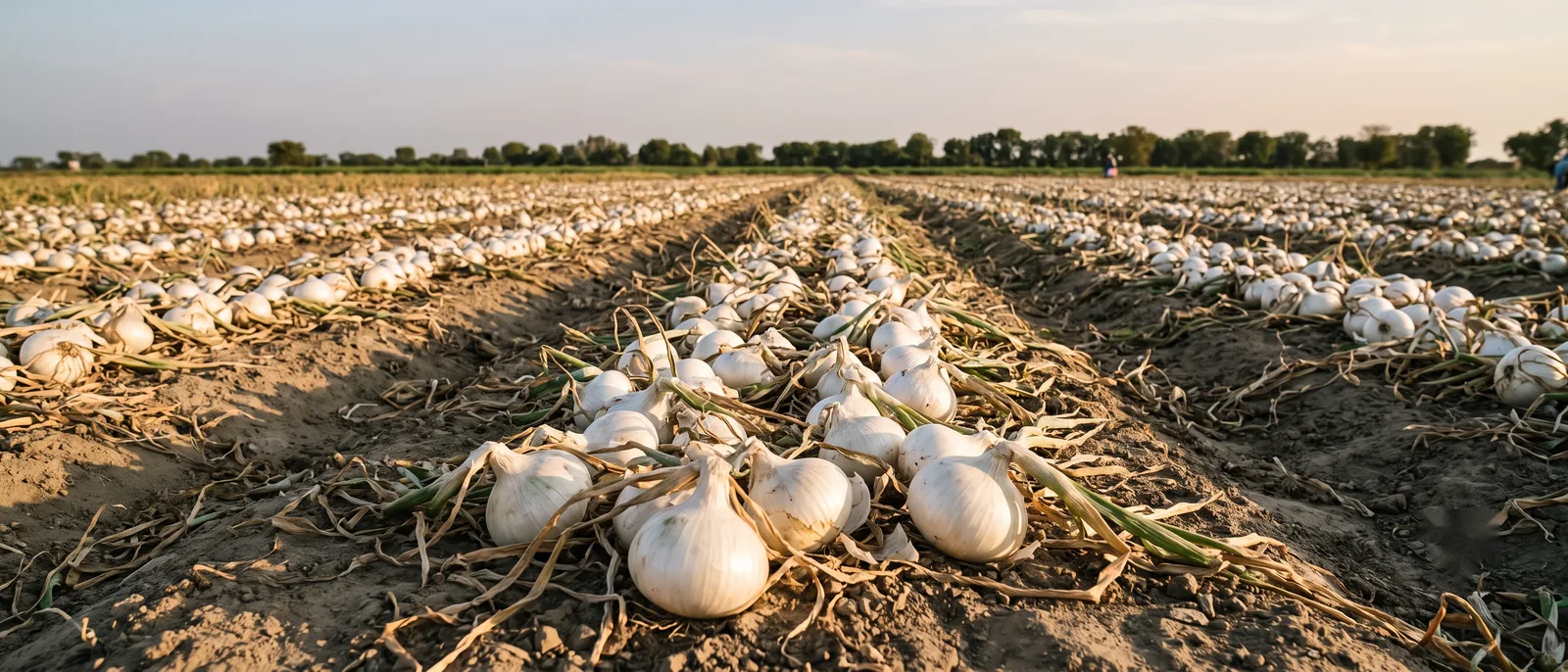 A flat onion field at harvest, white onion bulbs curing in long windrows under warm late-afternoon light.