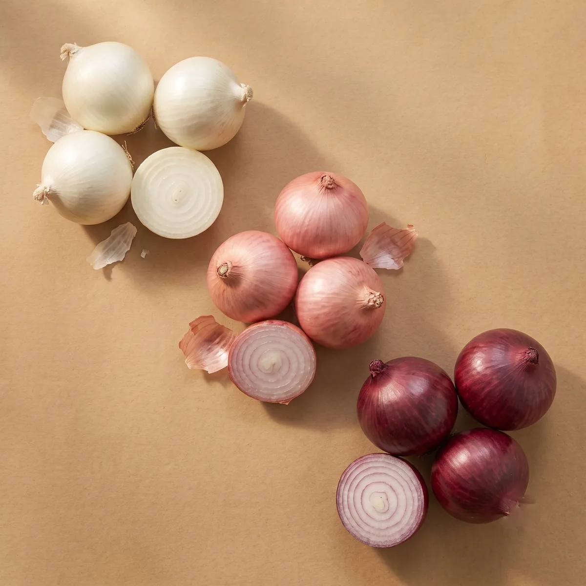 Whole fresh white, pink and red onions on kraft paper, one of each cut in half to show the rings.