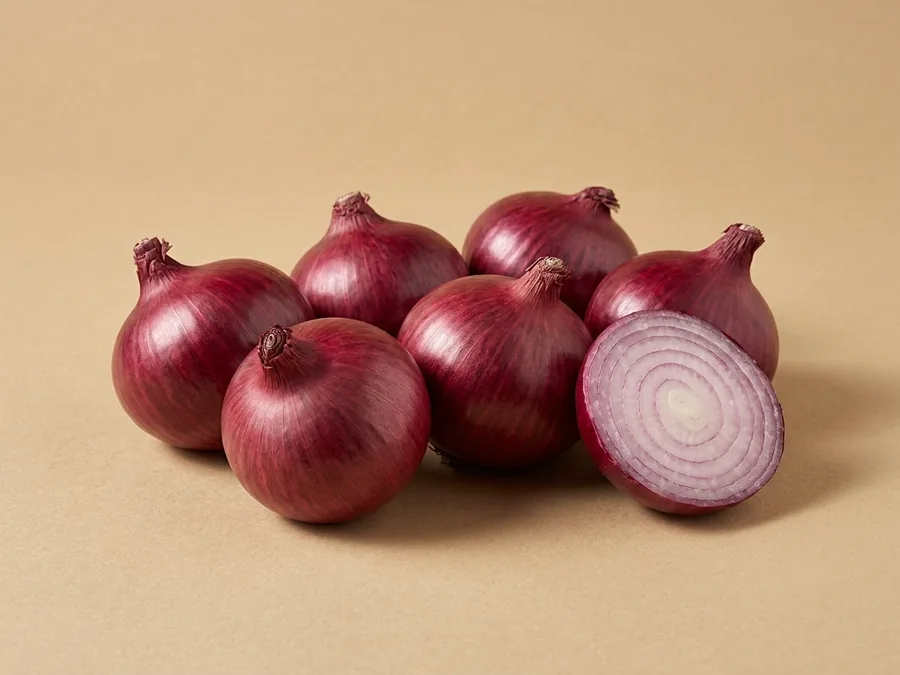 Whole fresh red onions with deep red-purple papery skins, one halved to show pale rings with purple edges.