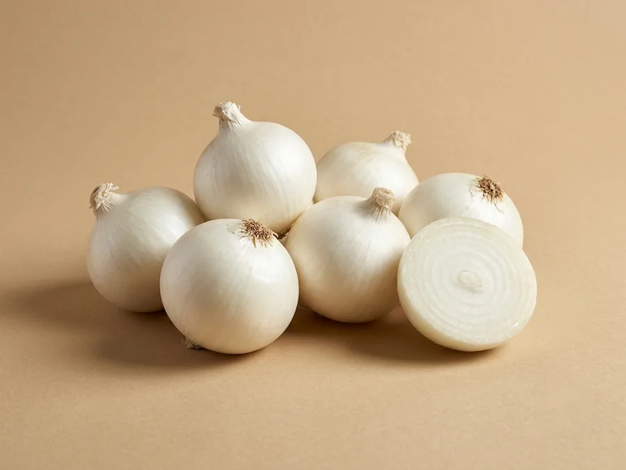 Whole fresh white onions with clean papery skins, one halved to show white concentric rings.