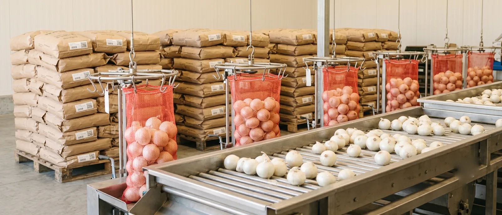 Automated grading line: cured onions moving over a screening deck into red mesh bags on a bagging carousel.