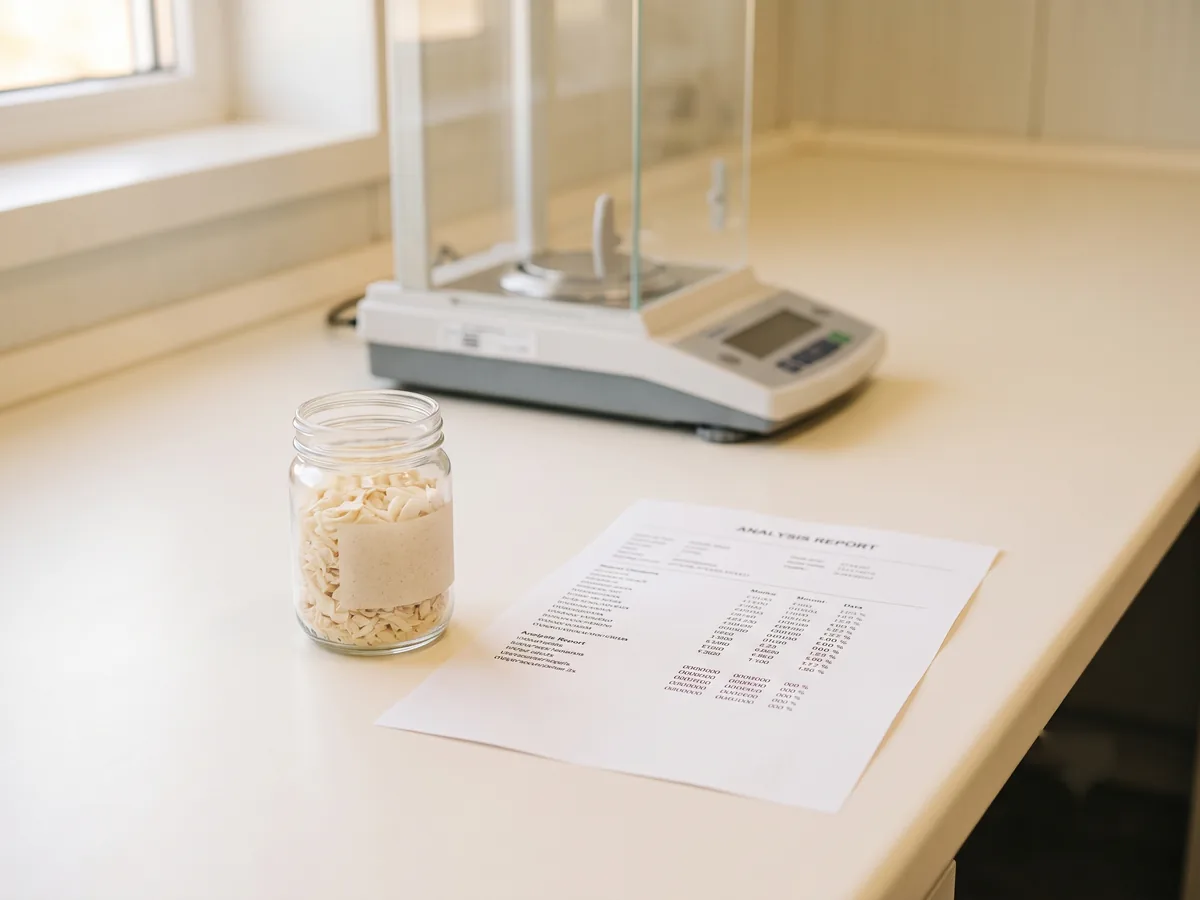 A laboratory bench with a labelled sample jar of ivory-white dehydrated onion flakes, a printed analysis report and an analytical balance behind.