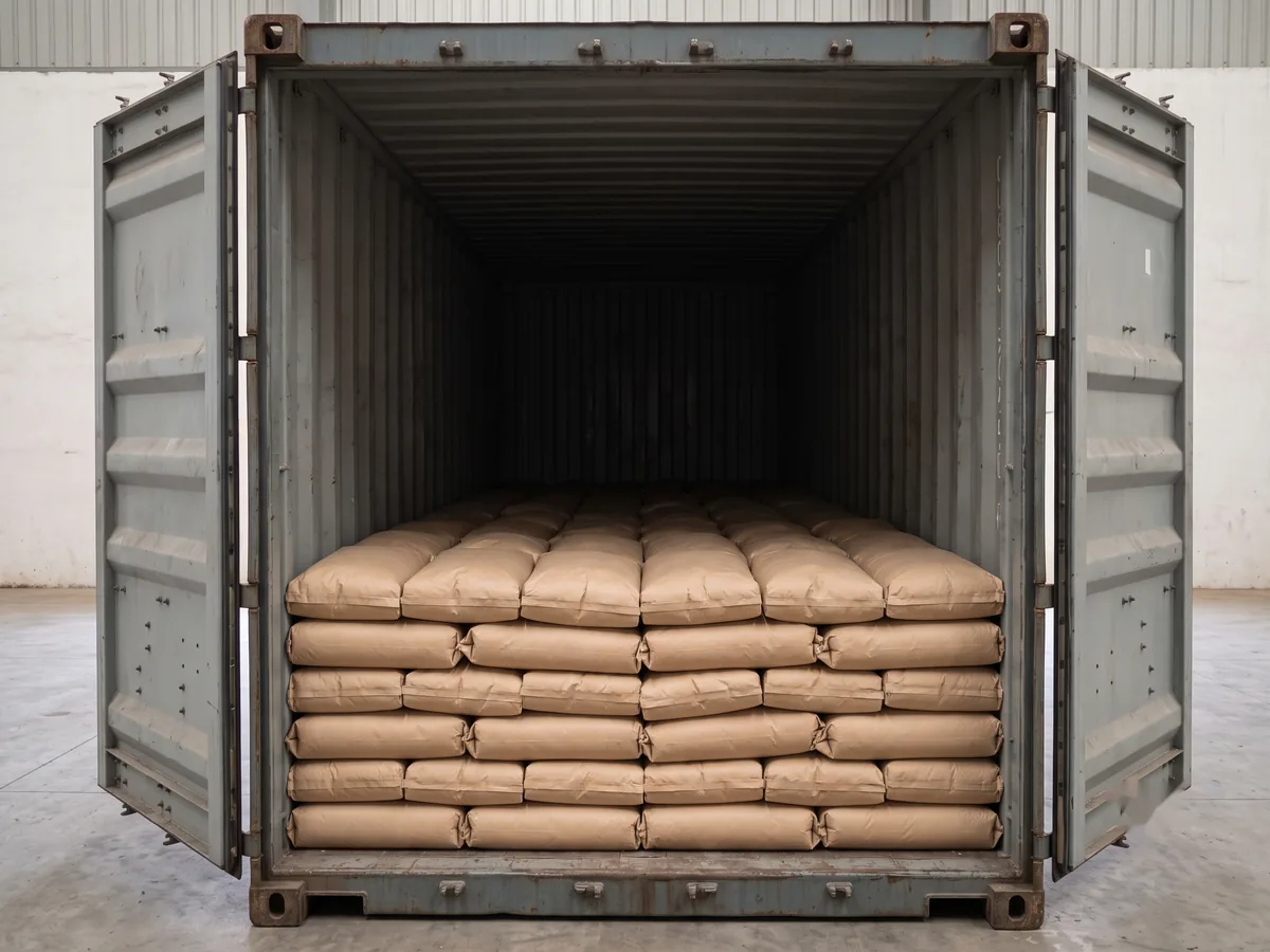 Open rear doors of a 20-foot shipping container part-loaded with neat stacked rows of plain unprinted sacks.