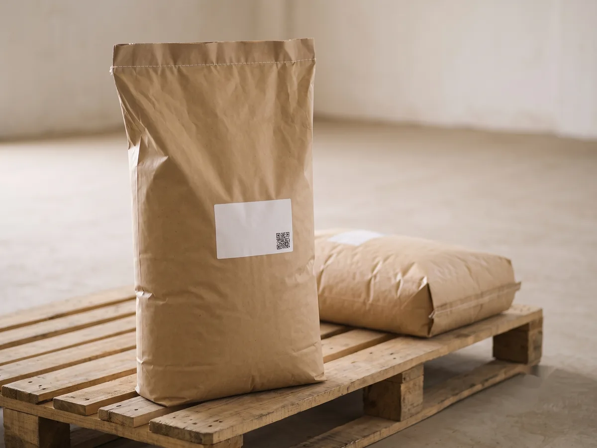 A sealed, unprinted 25 kg sack of dehydrated onion on a pallet, carrying a blank label panel and a QR code for lot traceability.
