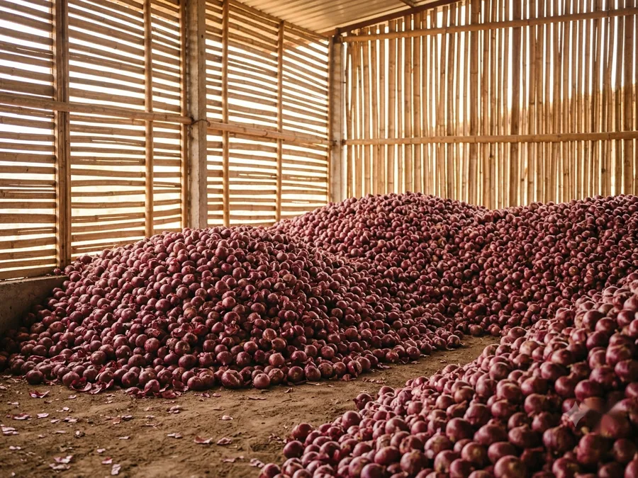 Cured onions heaped in a ventilated storage shed, papery skins set.