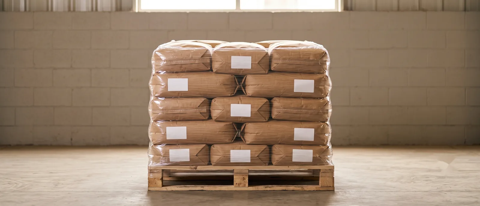 A pallet of sealed 25 kg kraft paper sacks under clear stretch wrap in a warehouse, each sack carrying a blank white label panel.