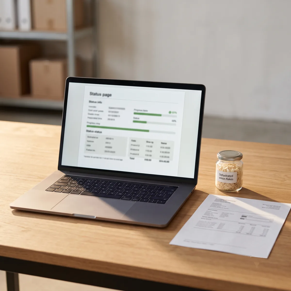A laptop on a warehouse desk showing an order status page, beside a sample jar of dehydrated onion flakes and a printed sheet.