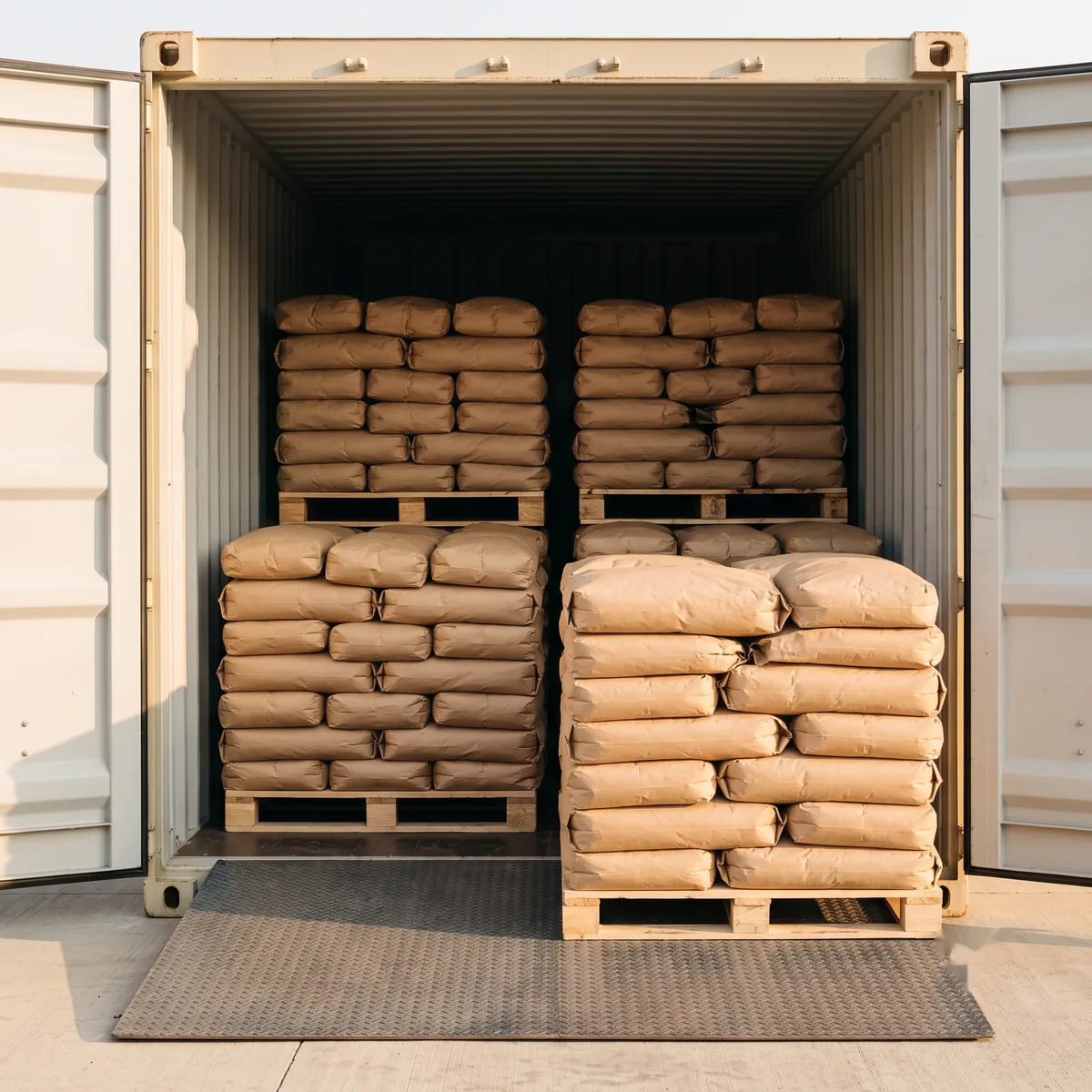A 20-foot shipping container with doors open, half loaded with pallets of sealed kraft paper sacks, one pallet waiting on the ramp.
