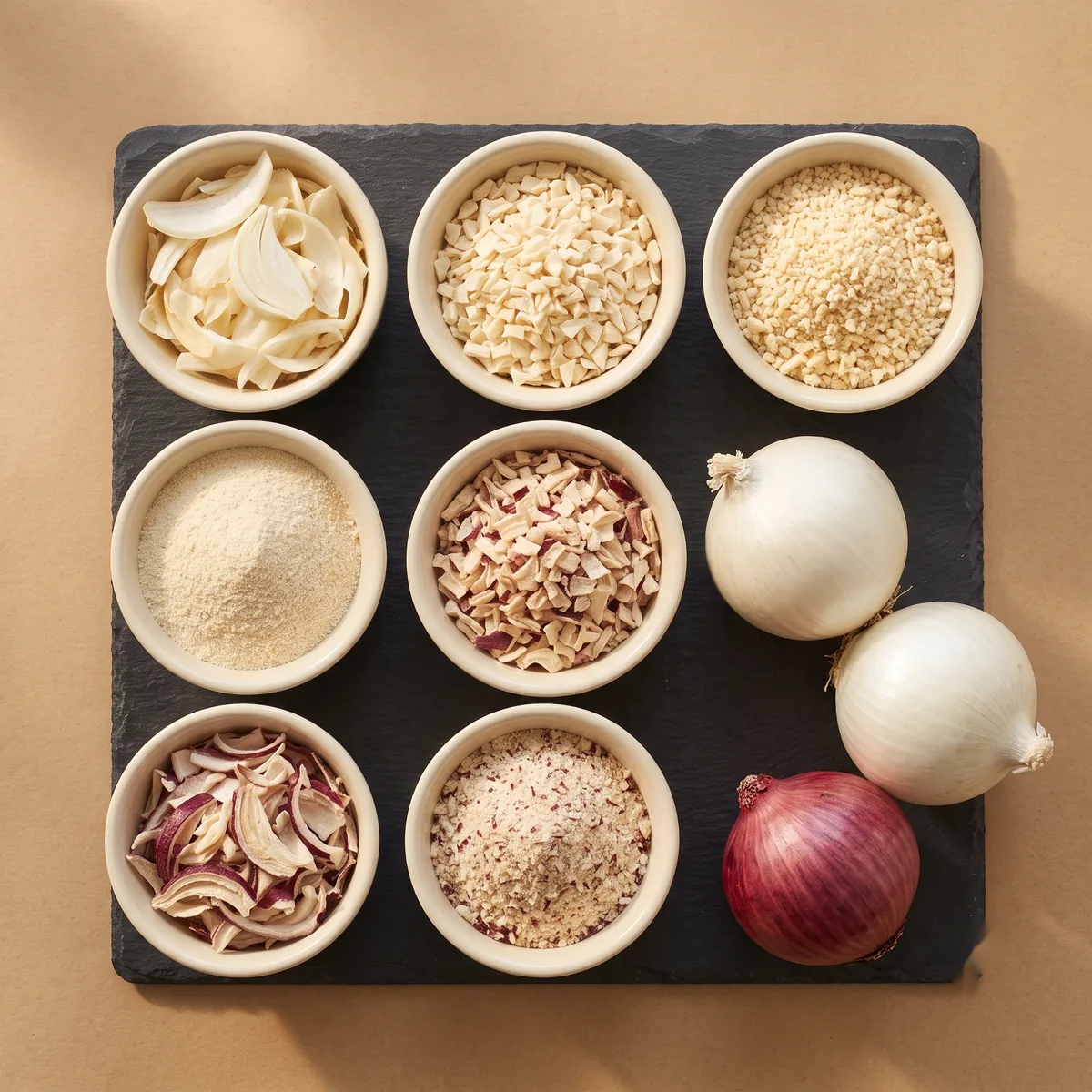Overhead view of a charcoal slate holding seven bowls of dehydrated onion - four of white onion and three of red - stepping down from flakes to powder, beside whole fresh white and red onions.