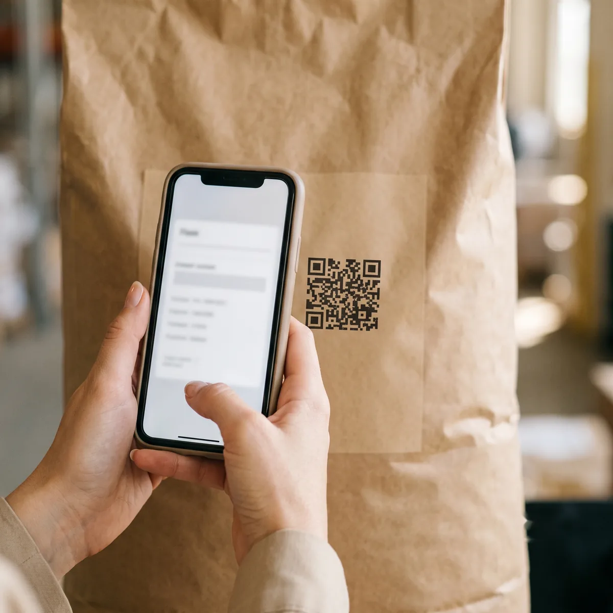 Hands holding a phone up to the QR code on a sealed kraft paper sack, the lot record opening on the screen.