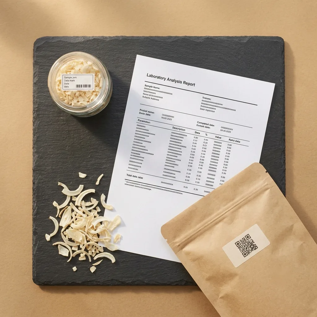 A sample jar of ivory-white dehydrated onion flakes, a laboratory analysis report and the corner of a sealed kraft sack with a QR label, arranged on a charcoal slate.