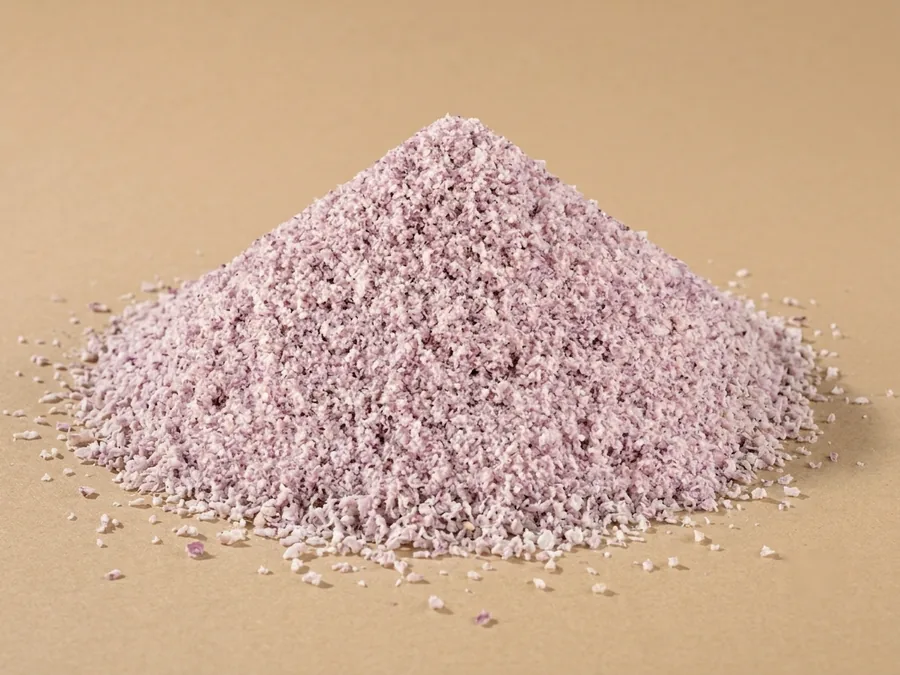 Dehydrated red onion granules, 0.5 to 1 mm, pale lilac-pink grains formed into a cone on kraft paper.