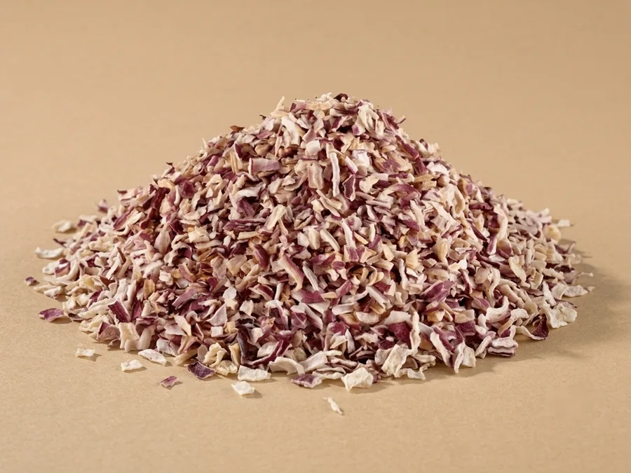Dehydrated red onion, minced grade, a fine crumb of cream flesh densely speckled with burgundy skin.