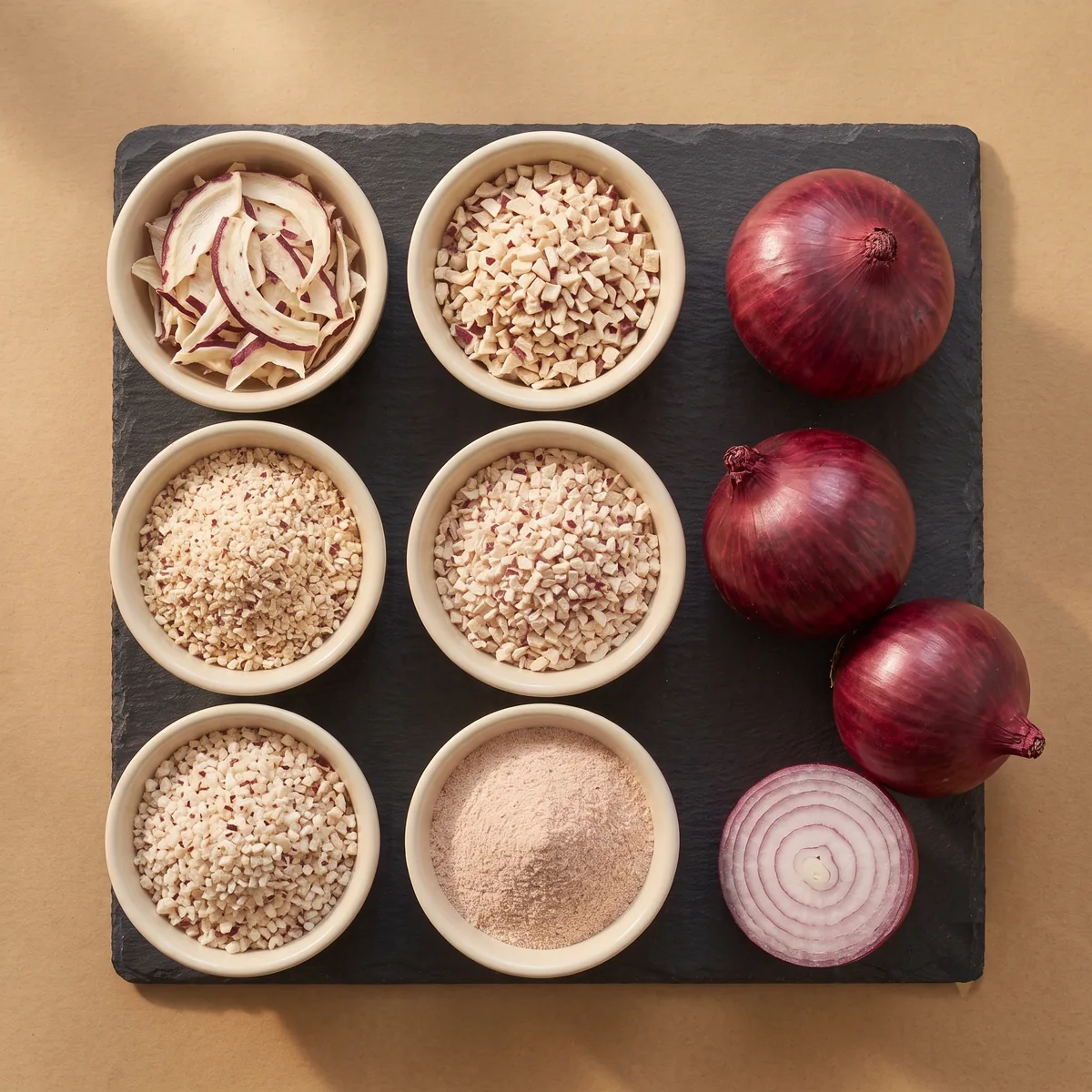 Bowls of dehydrated red onion cuts, cream flesh flecked with burgundy skin, beside whole fresh red onions on dark slate.