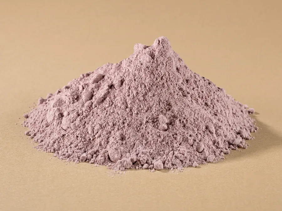 Dehydrated red onion powder, 100 mesh, a soft dusty rose mound on kraft paper.