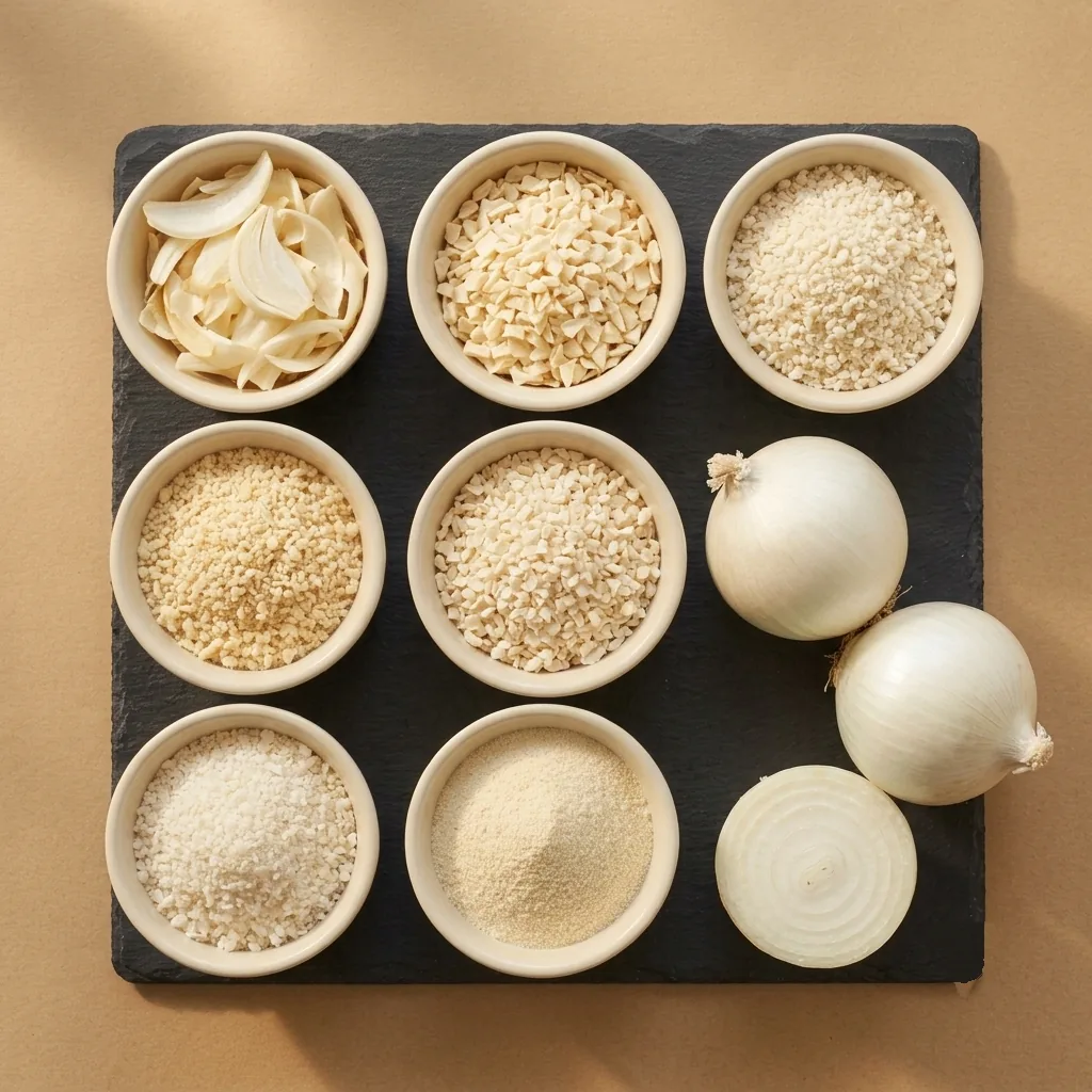 Bowls of dehydrated white onion cuts, flakes to powder, on a dark slate beside whole fresh white onions.