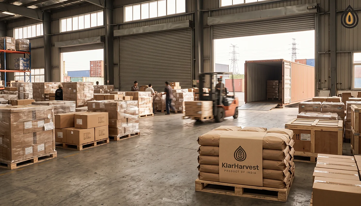 Container freight station with pallets from several shippers waiting to be consolidated into one container