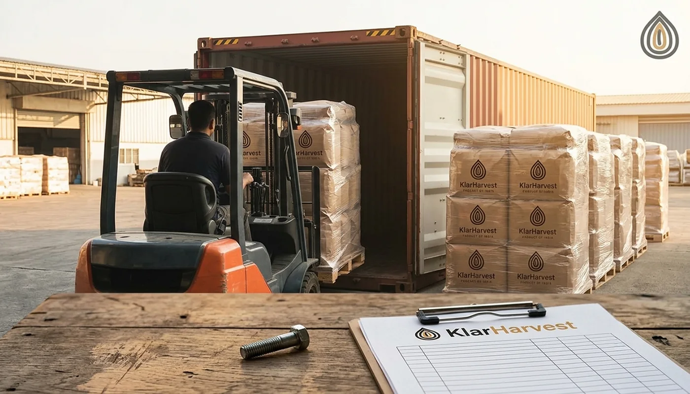 Forklift placing a wrapped pallet of onion bags into a 20 foot container under customs self-sealing at a godown