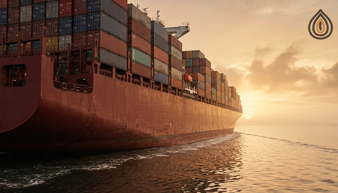 Container ship at sea in warm evening light on the route from the Gujarat coast to northern Europe