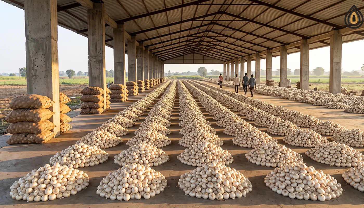 Mahuva market yard at peak season with heaps of white onions stretching across the floor under the shed roof