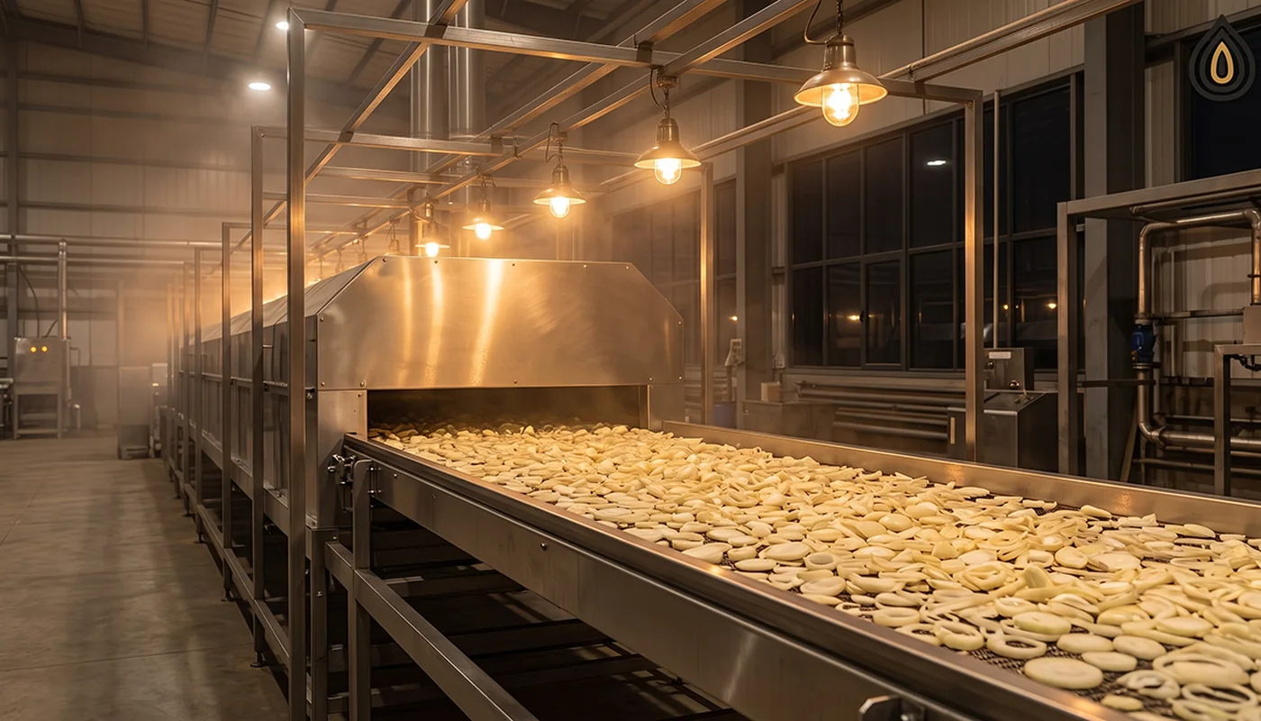Belt dryer running at night inside a Mahuva plant, sliced onion on the belt lit by work lamps