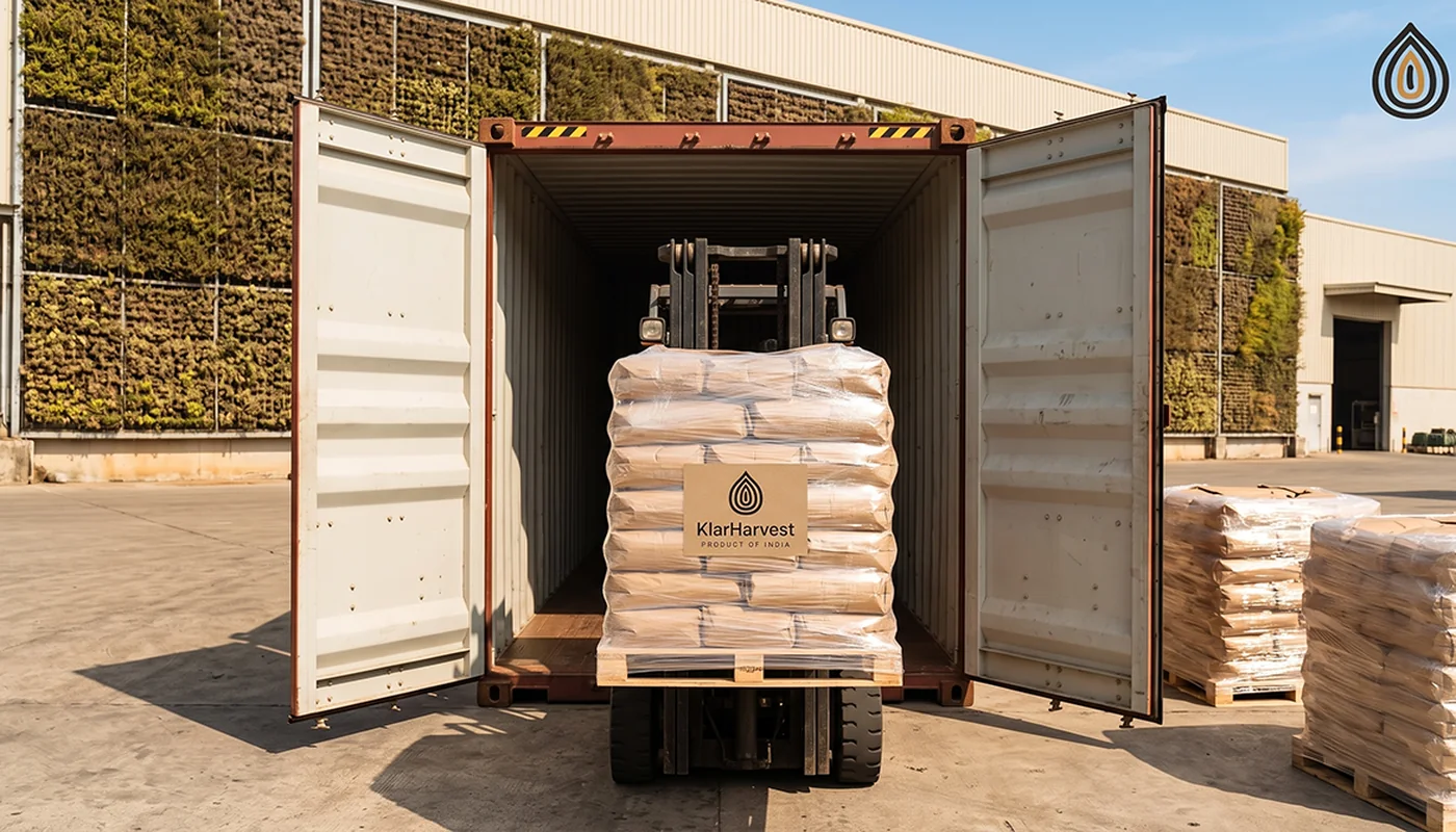 Pallets of kraft bags of dehydrated onion being loaded into a 20-foot container at a plant bay in bright sun