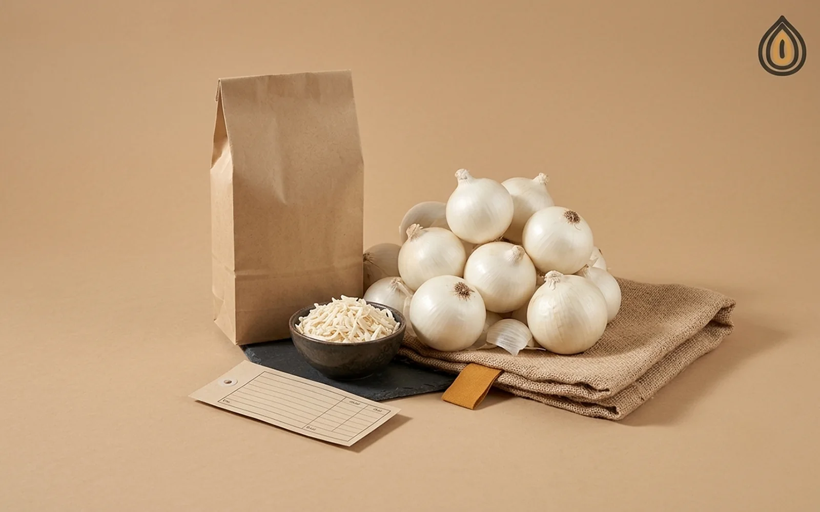 Heap of fresh white onions, a kraft sack, a bowl of flakes and a blank paper ticket on a plain backdrop