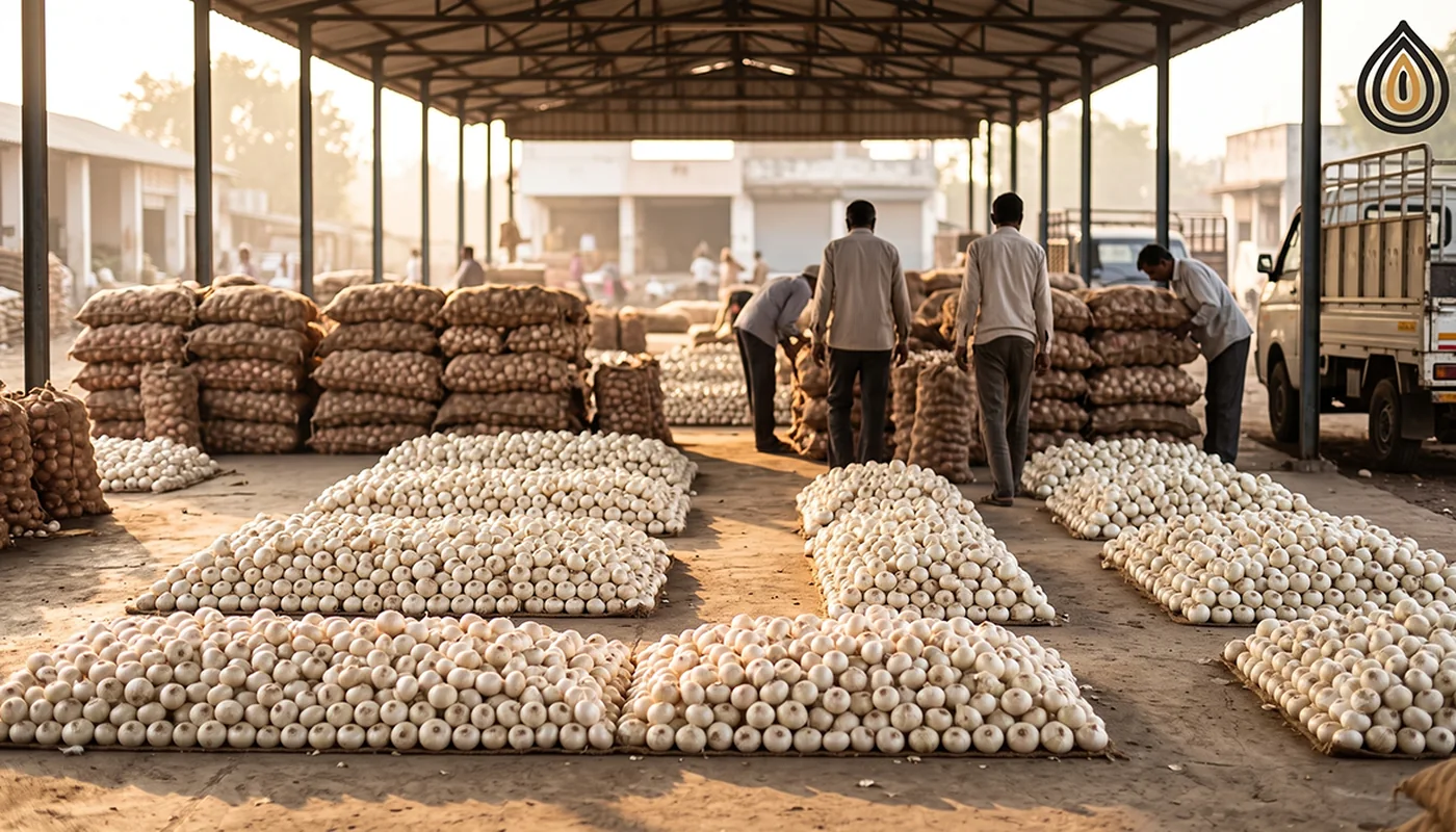 Heaps of white onions being auctioned at the Mahuva market yard with traders and sacks in morning light