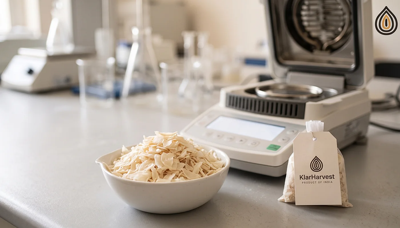 Fresh new-crop white onion flakes in a sample dish beside a moisture analyser reading in a plant laboratory