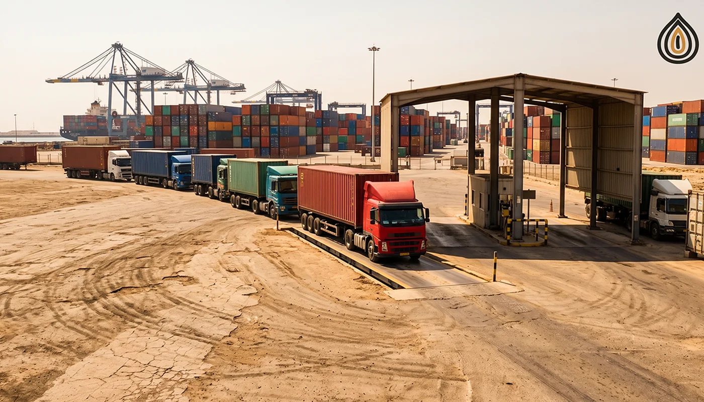 Trucks queuing at a container terminal gate with a weighbridge and cranes in the background under a clear sky
