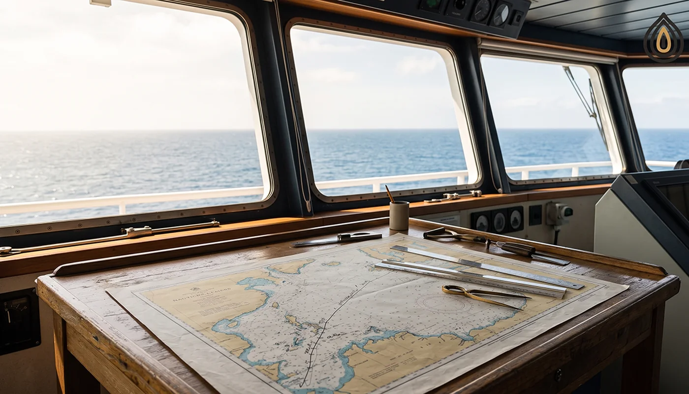 Ship's bridge window view of open sea with a chart table and a plotted route in the foreground