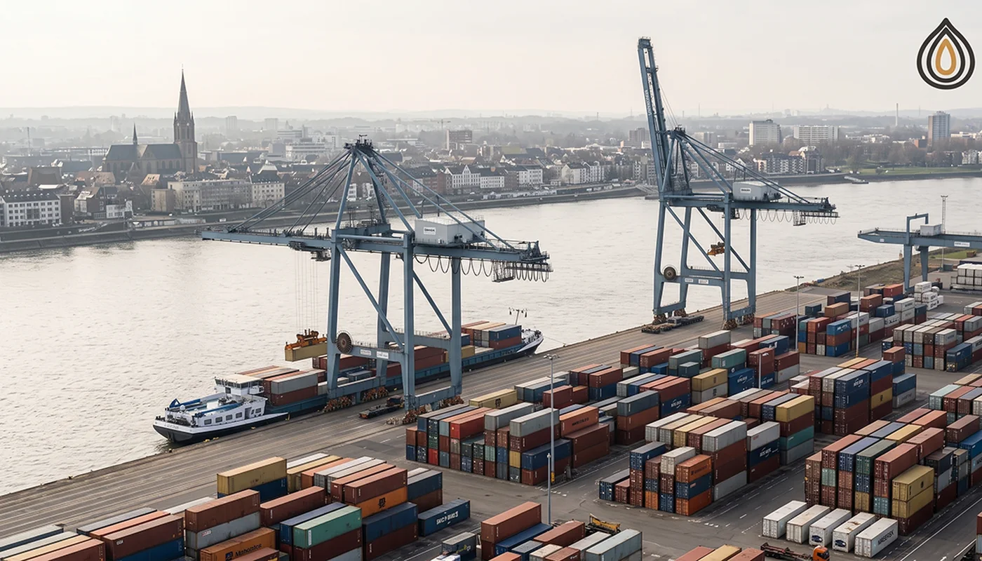 Container terminal at Hamburg with gantry cranes over the river in overcast northern light