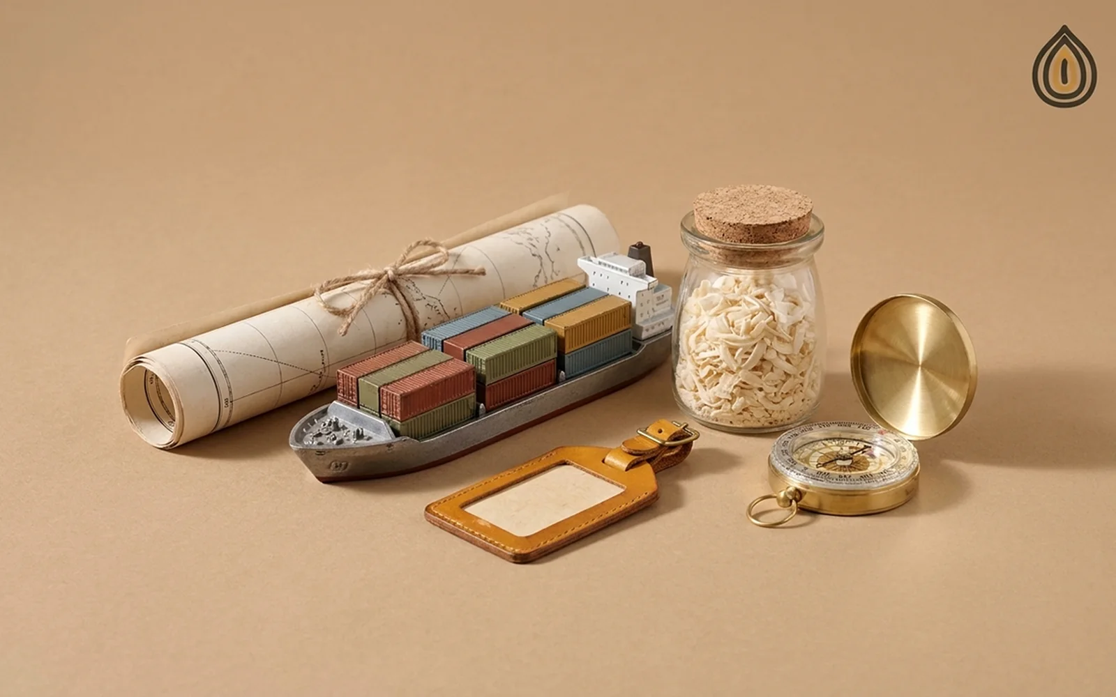 Model container ship, a rolled chart, a compass and a jar of dehydrated onion flakes on a plain backdrop