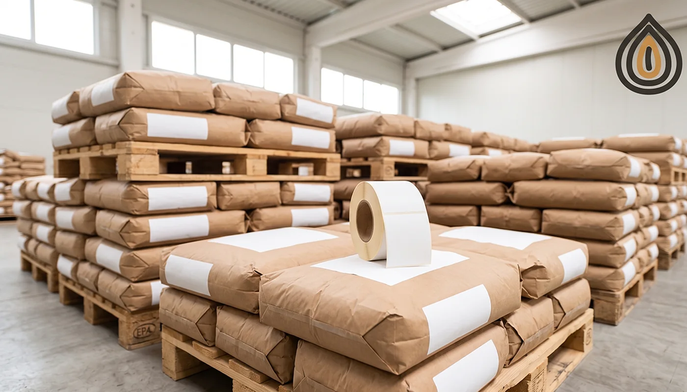 Pallet of sealed kraft bags of dehydrated onion with a blank label panel on each, ready for branding