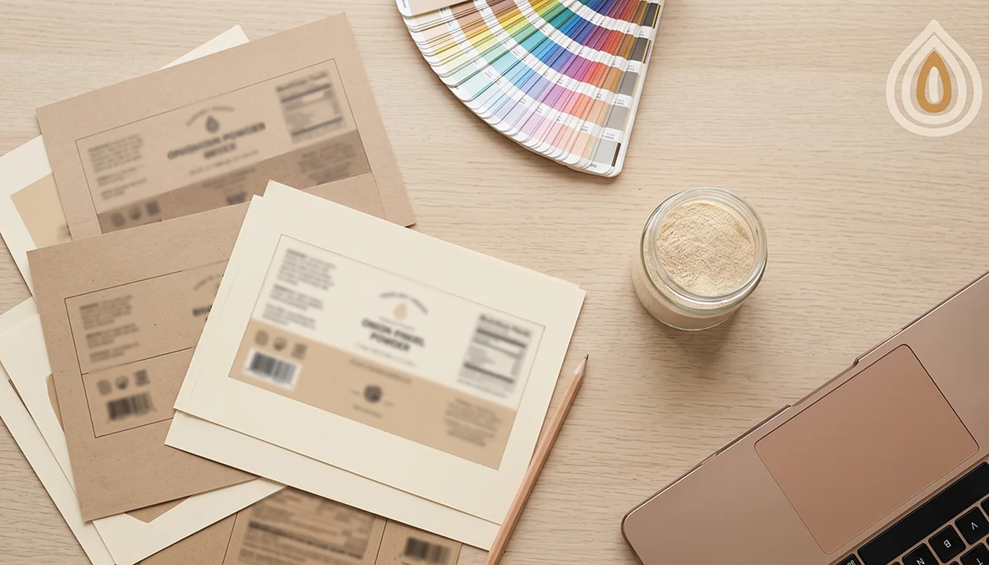 Desk with printed label proofs, a colour swatch fan and a sample jar of onion powder beside a laptop