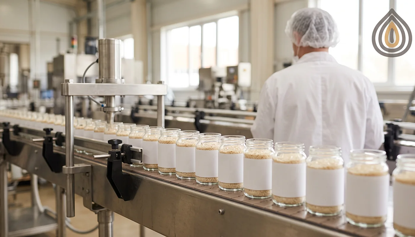 Retail jars of onion granules on a filling line with blank labels, a plant worker seen from behind
