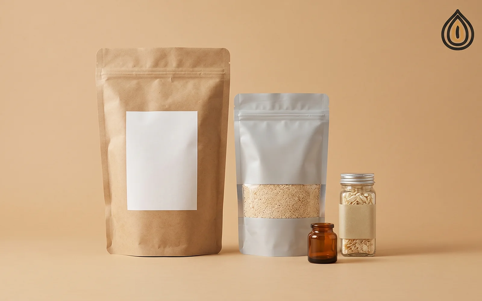 Three plain unbranded packs of dehydrated onion, a kraft bag, a foodservice pouch and a retail jar, ready for a label
