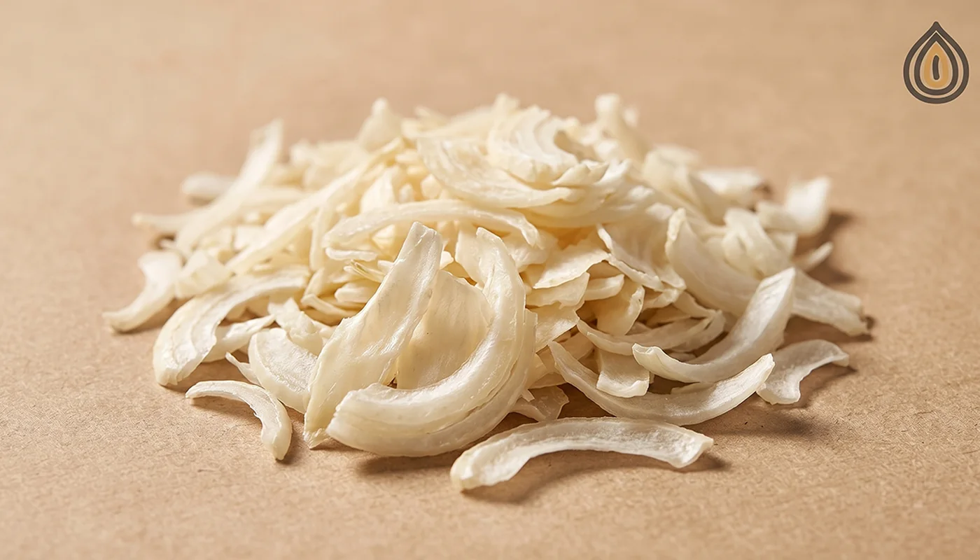 Close-up of ivory sulphite-free dehydrated onion flakes heaped on kraft paper in warm daylight