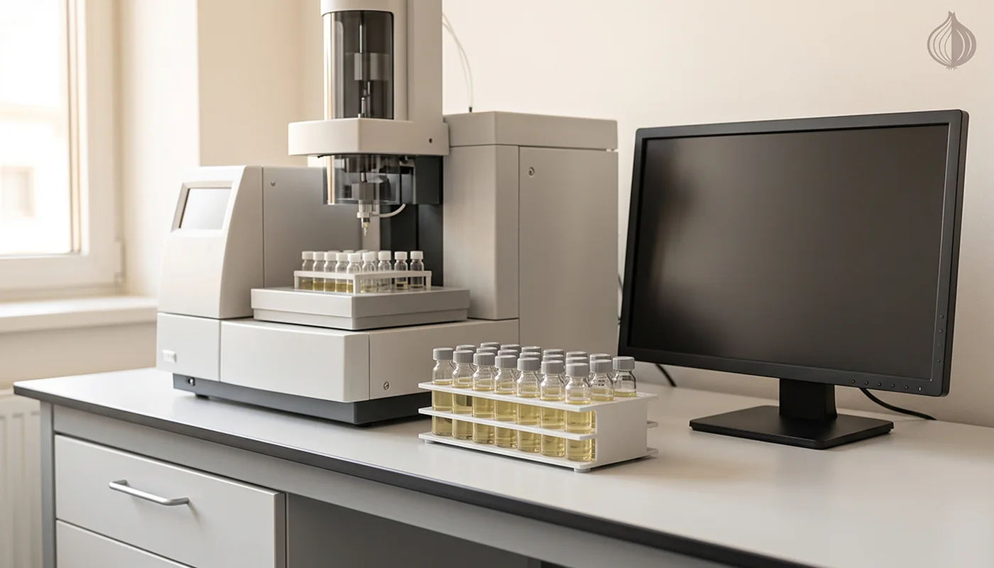 Laboratory bench with an ion chromatography instrument and a rack of vials of onion extract in daylight