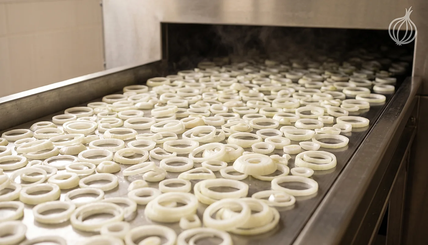 Freshly sliced white onion rings on a stainless steel conveyor entering a dryer within an hour of slicing