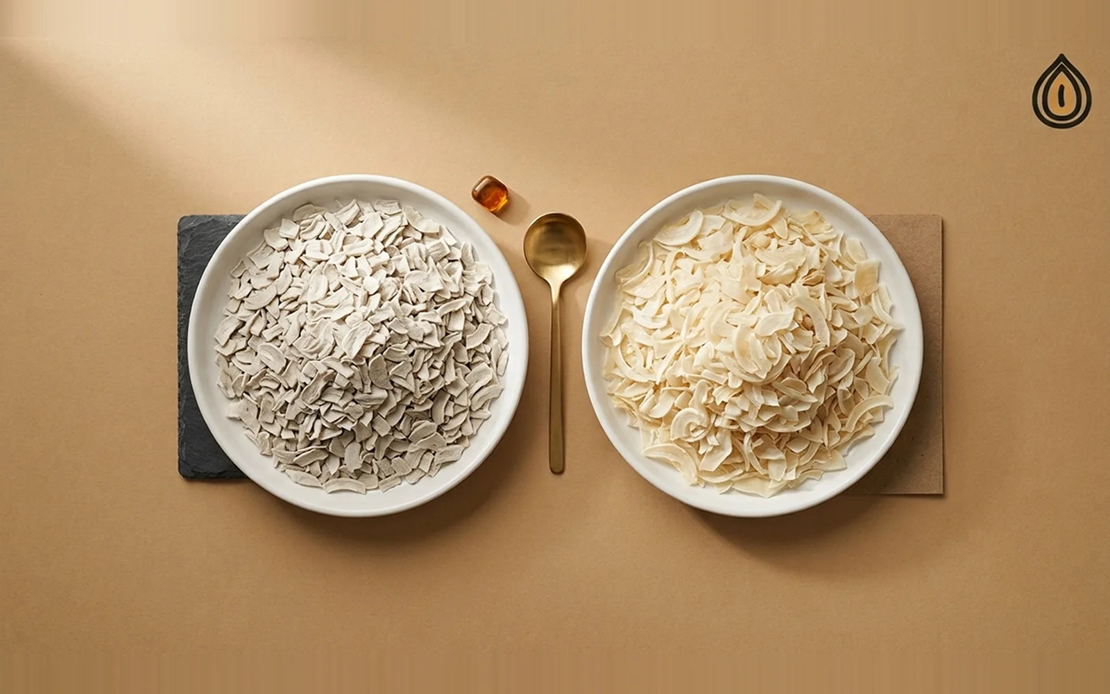 Two dishes of white onion flakes side by side on slate, one flat white and one warm ivory, with a small spoon